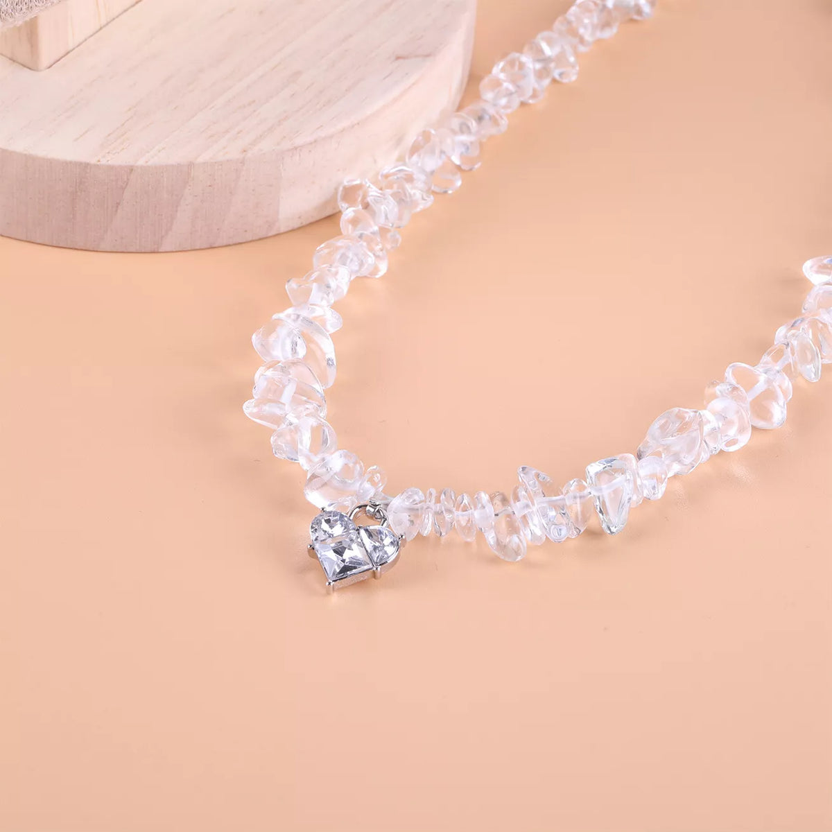 Silver crystal-chip heart pendant necklace, detail view