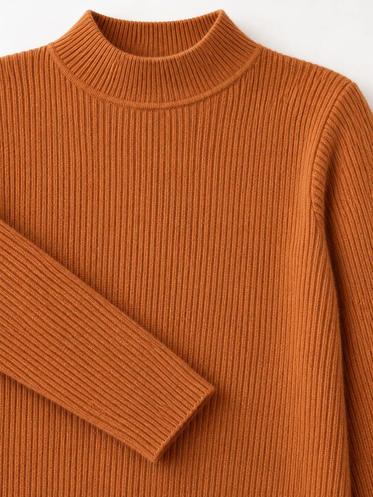 Rust ribbed mock neck long sleeve knit top, ribbed knit and neckline detail
