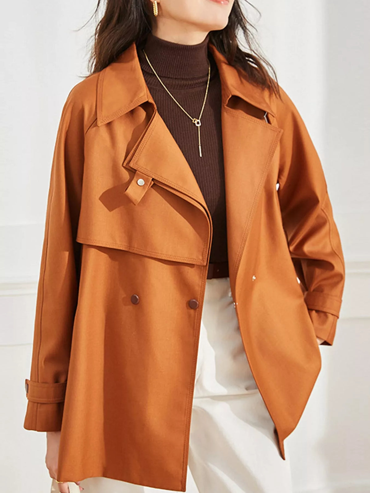 Double-Breasted Tie Waist Trench Coat in orange