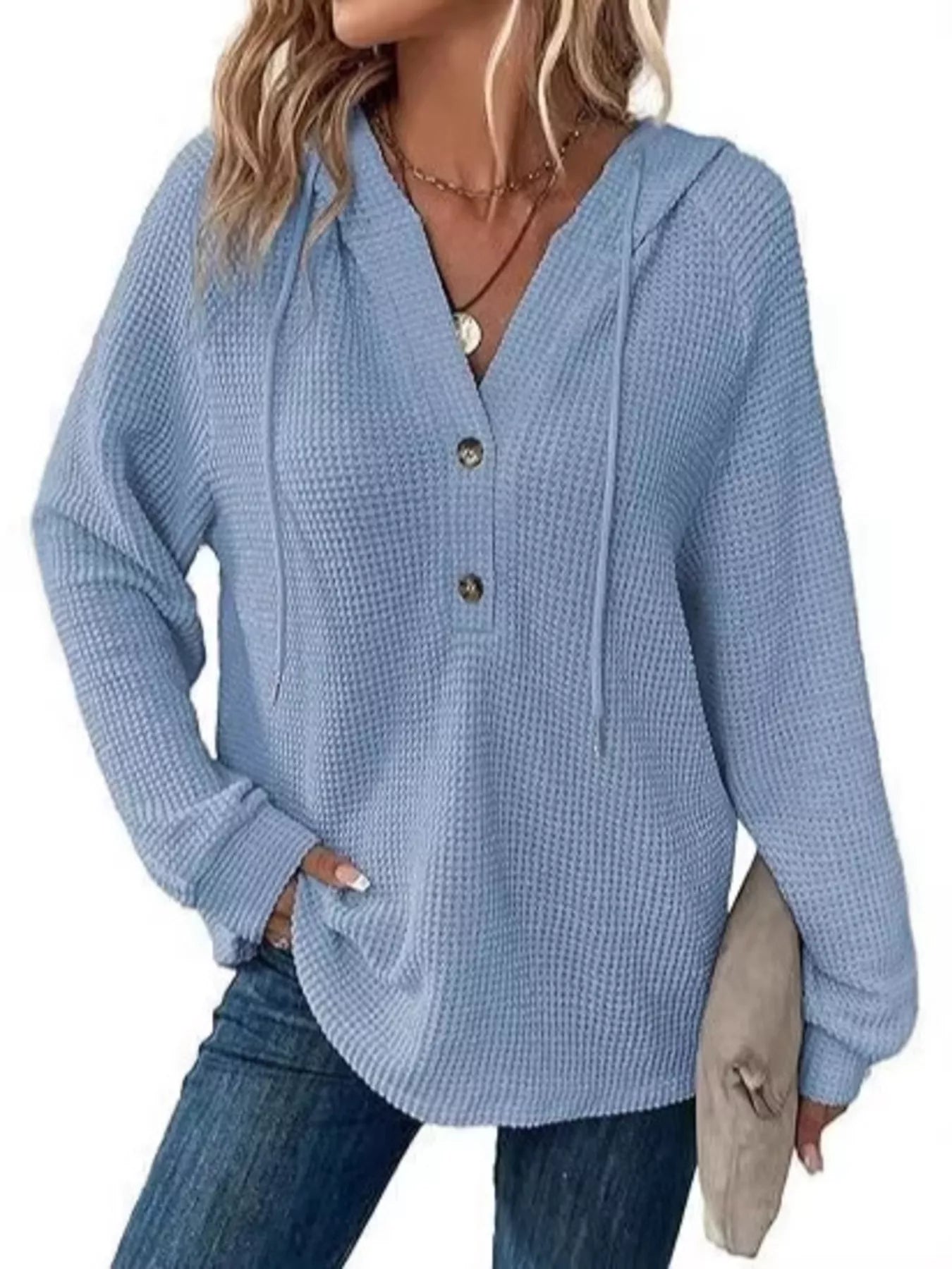 Trendsi Full Size Waffle Knit Half-Button Hoodie Plus Size -