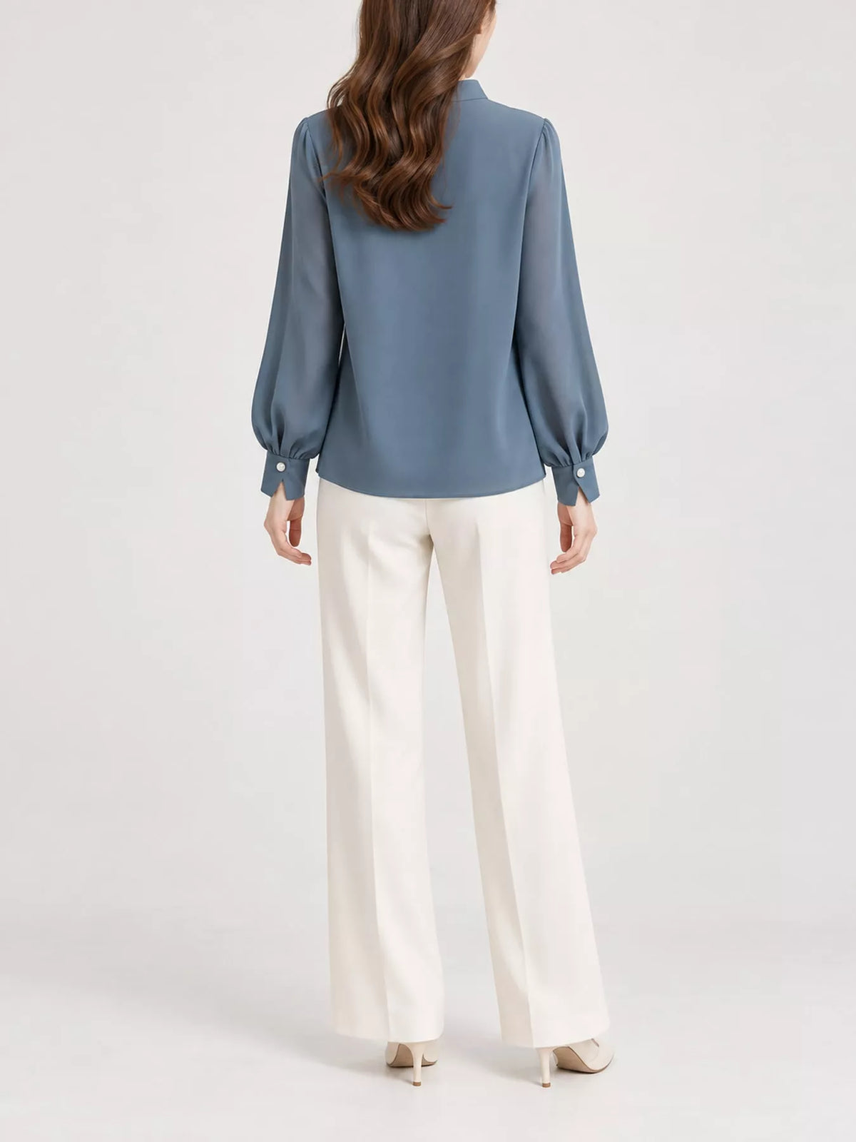 Mock Neck Blouse with Pearl Accent and Lantern Sleeves, back view in blue