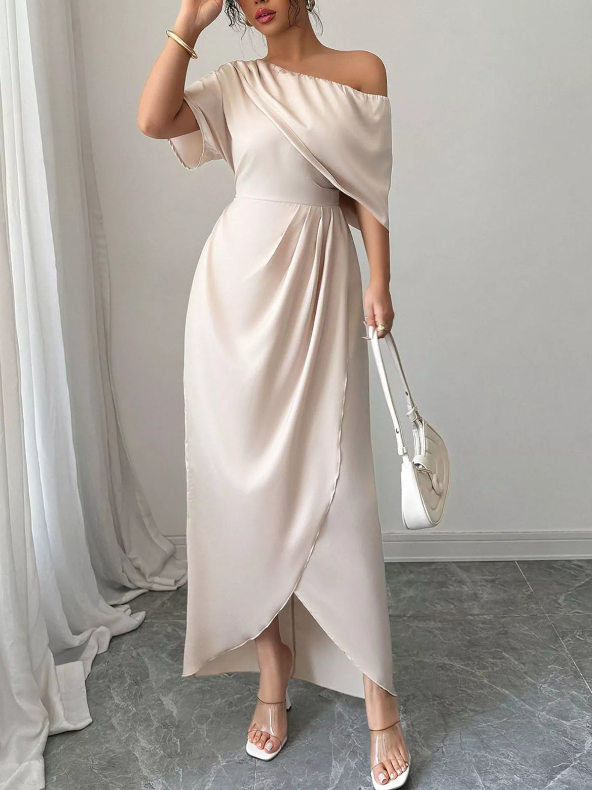 One-Shoulder Satin Maxi Dress in beige, front view