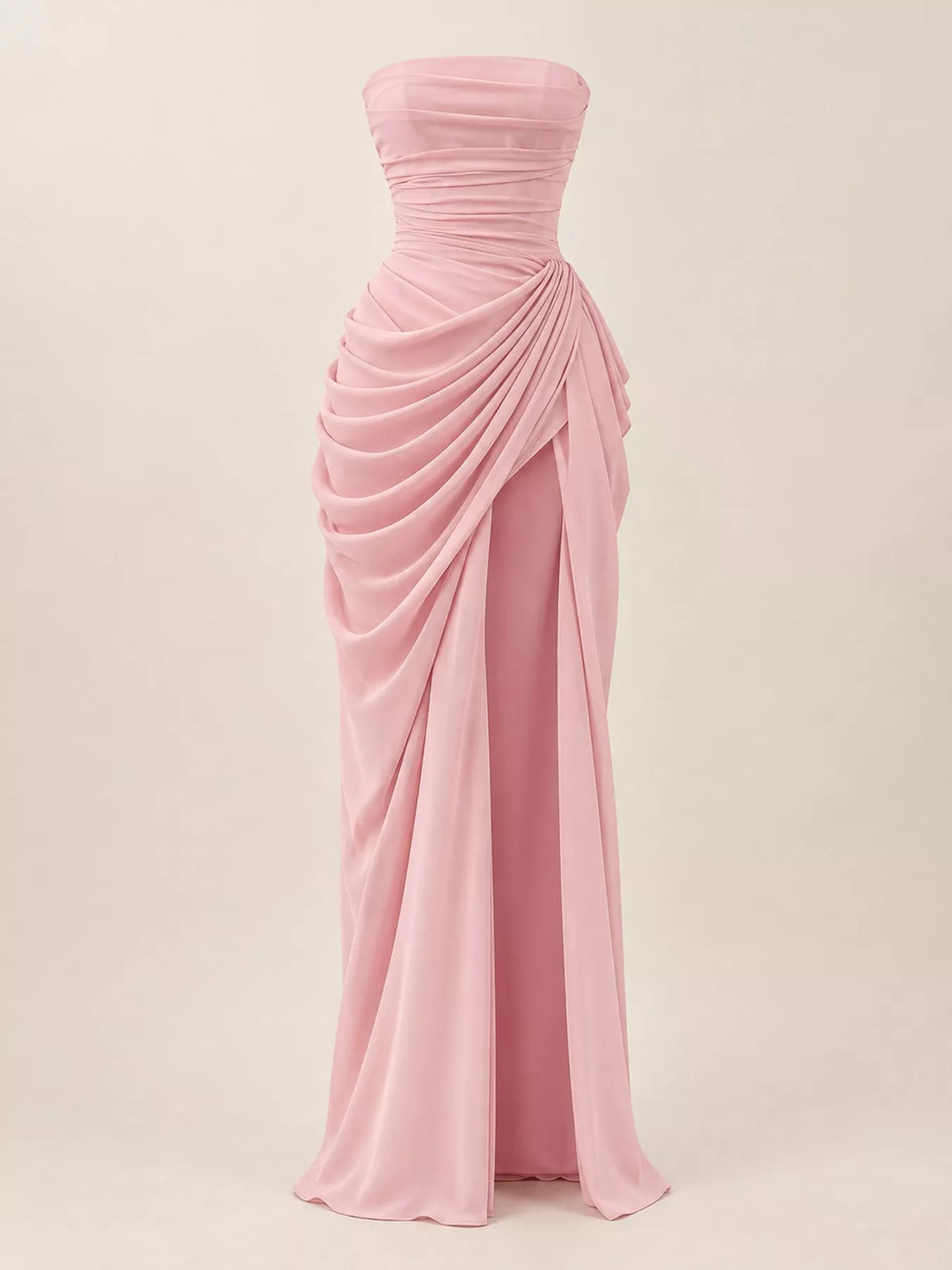 Pink strapless ruched high-slit evening dress