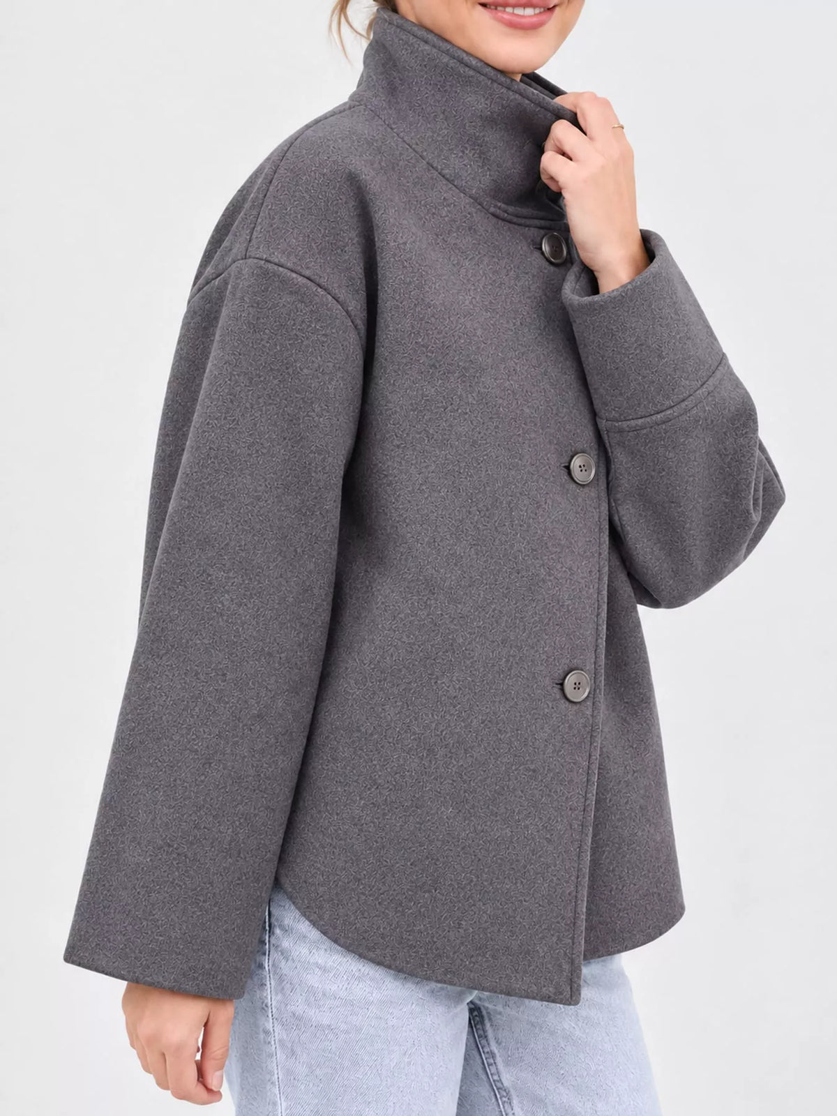 Gray stand-collar button-up jacket