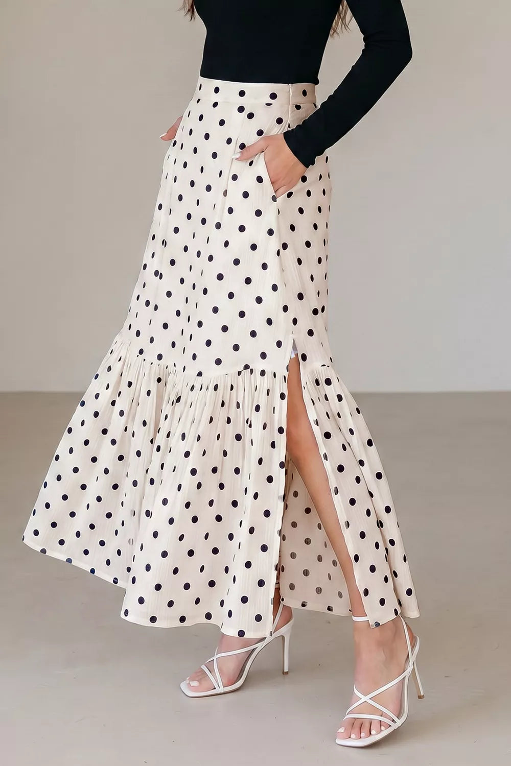 Trendsi Polka Dot Ruffled Slit Maxi Skirt -