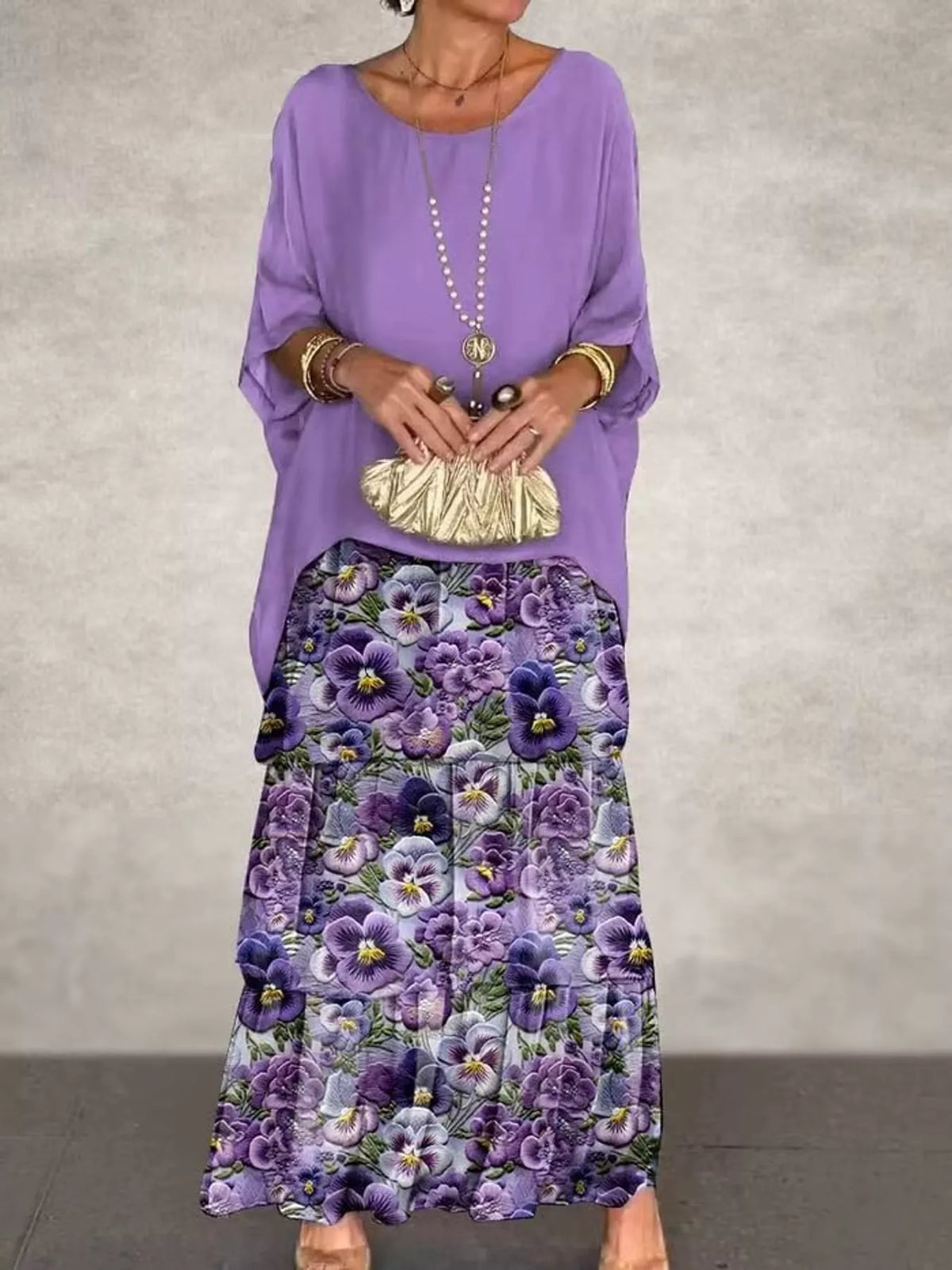 Layered maxi dress, purple floral front