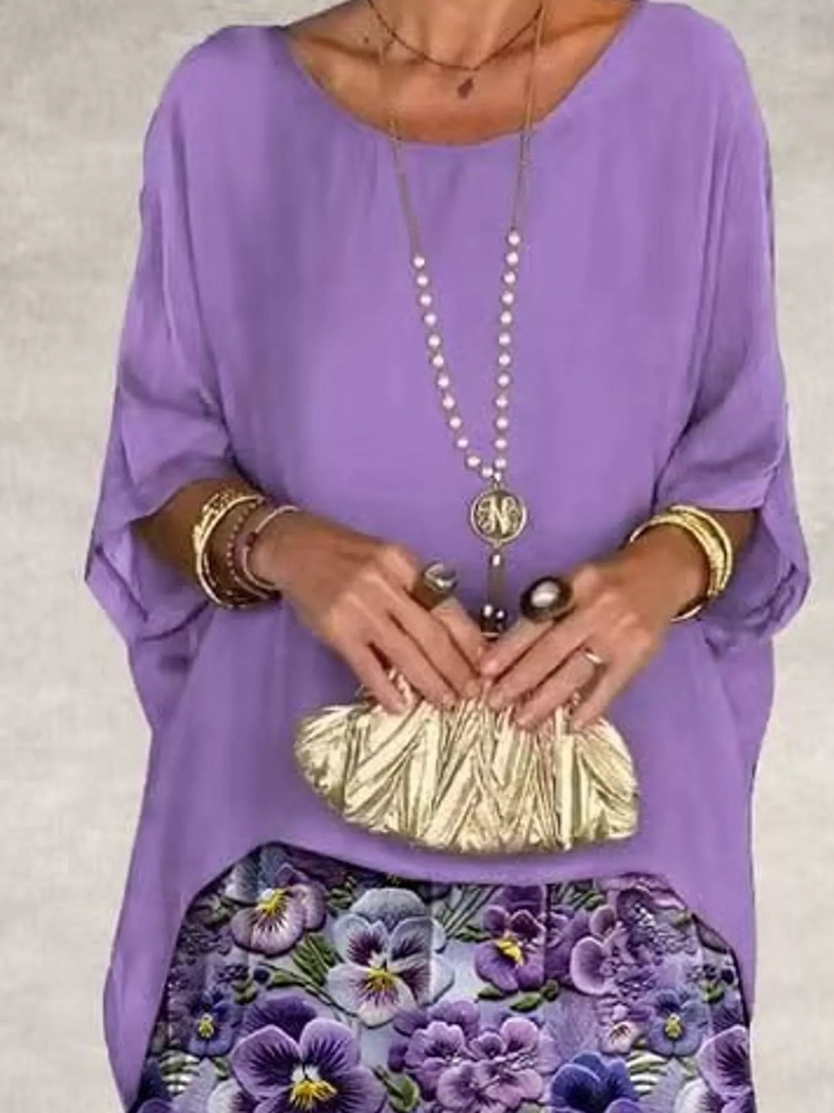 Layered maxi dress, purple neckline