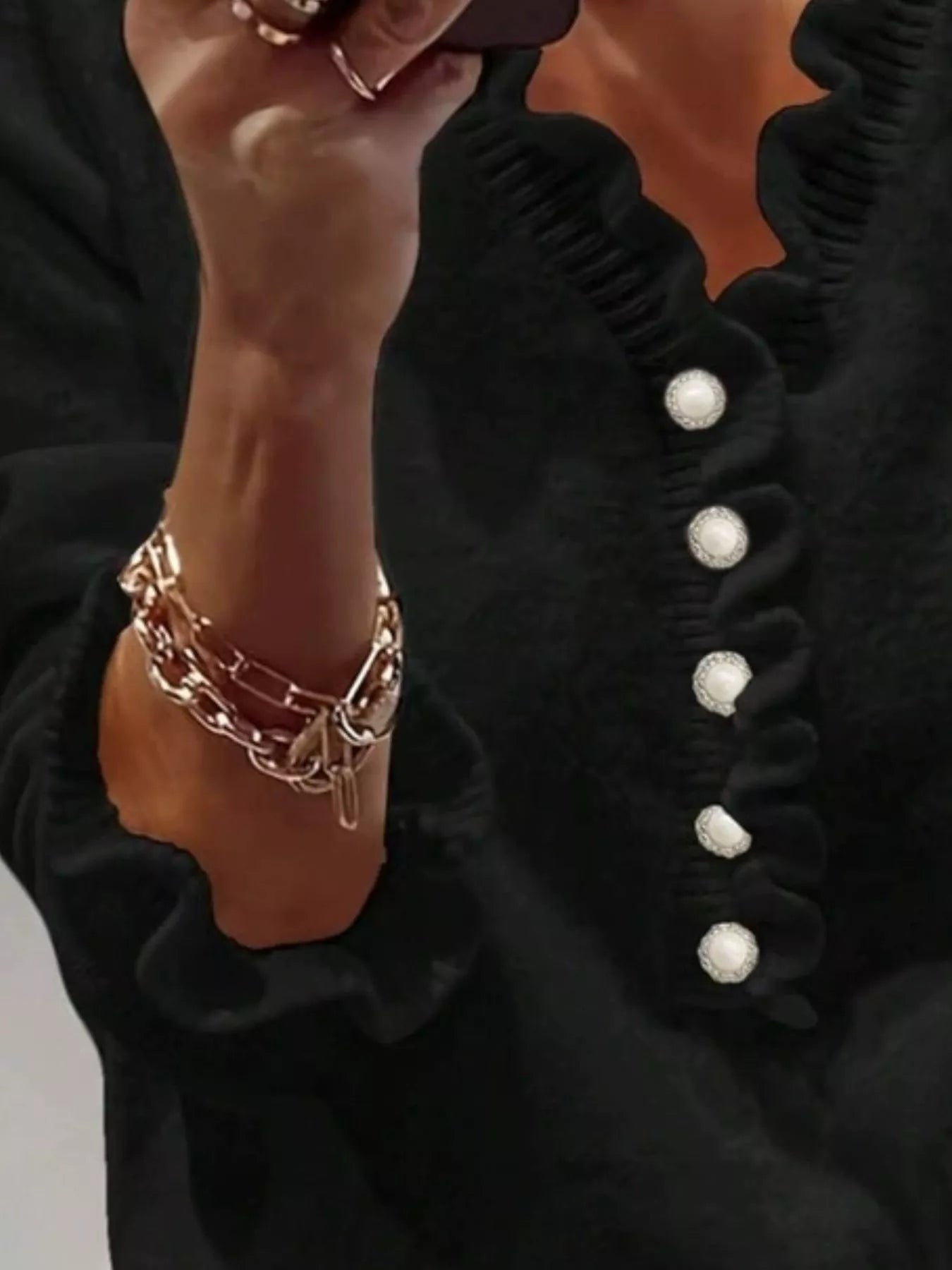 Trendsi Ruffled Pearl Button Sweater -