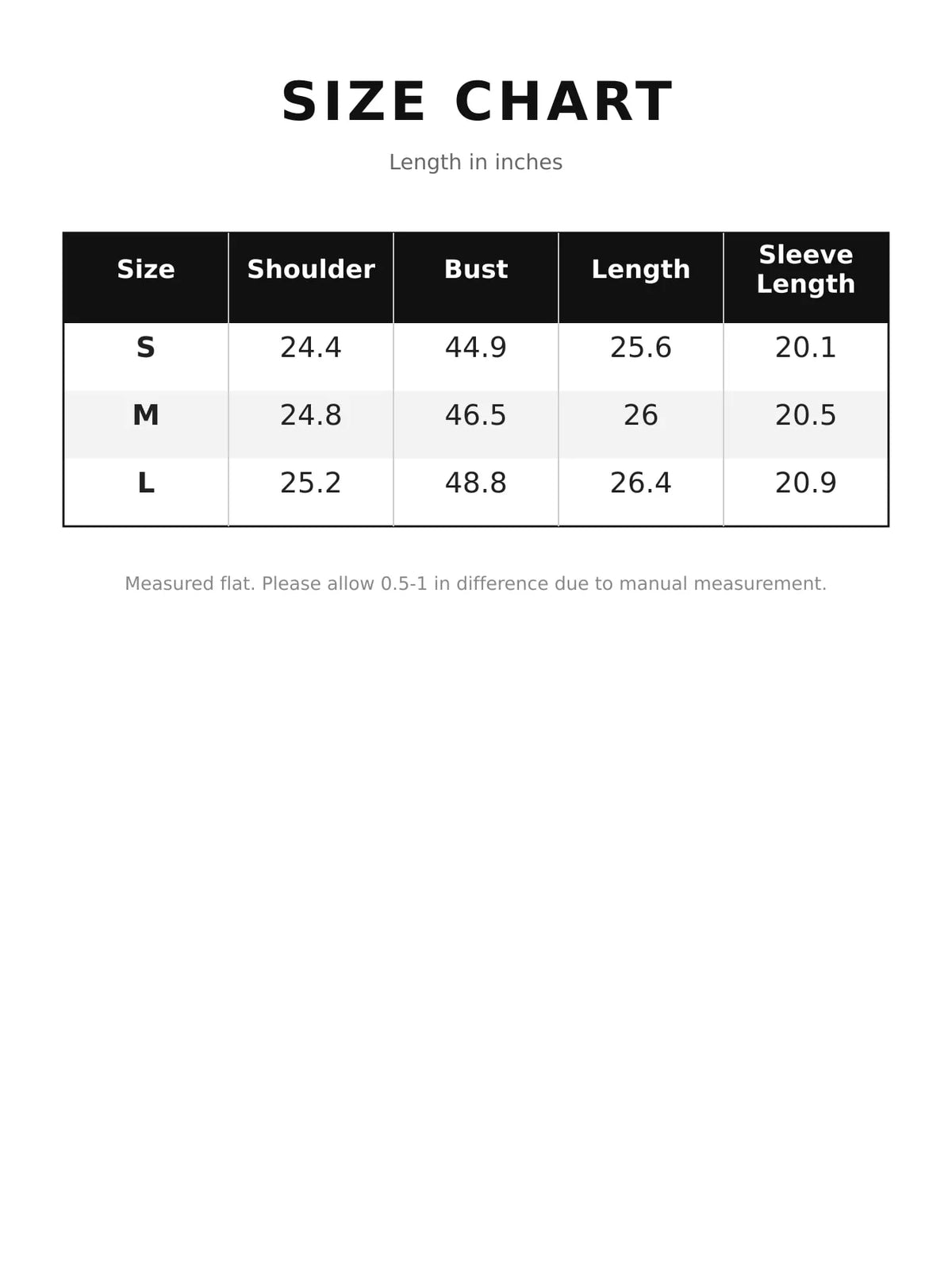 Size and measurement chart for long-sleeve jacket