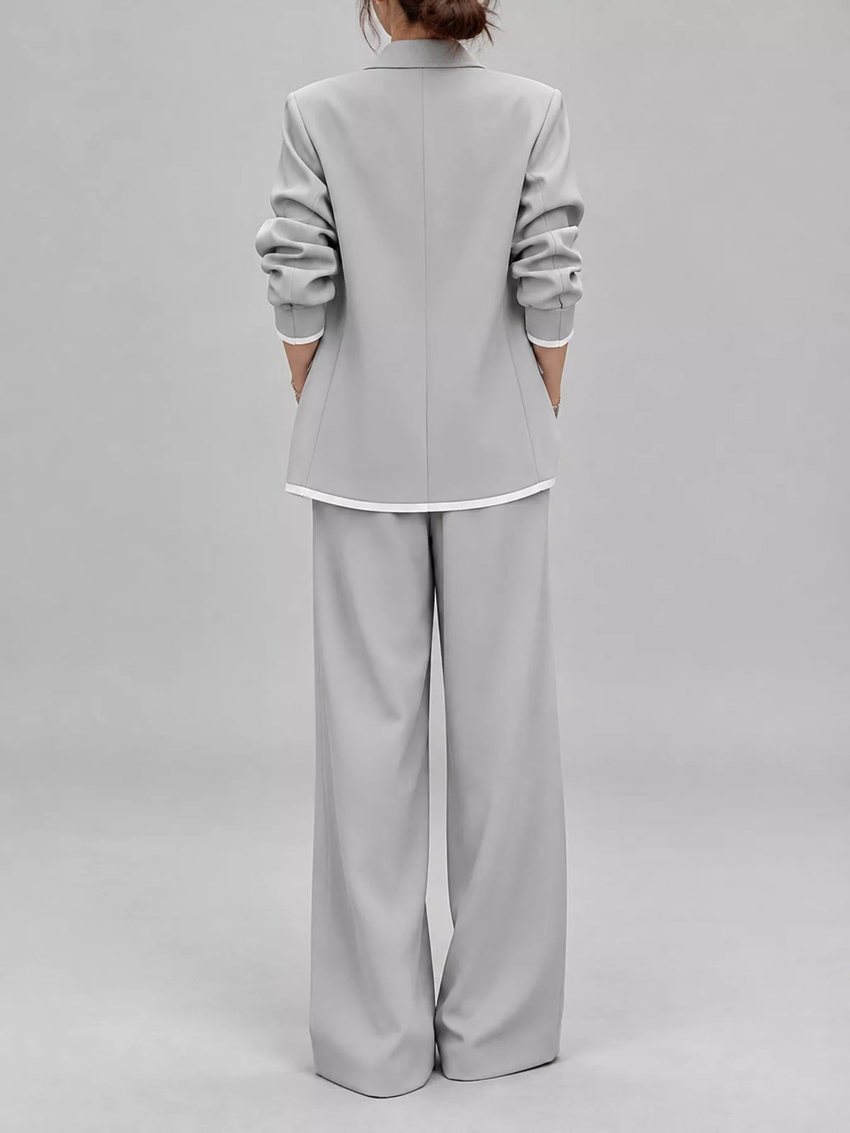 Gray contrast-trim blazer and wide-leg pants set, back view