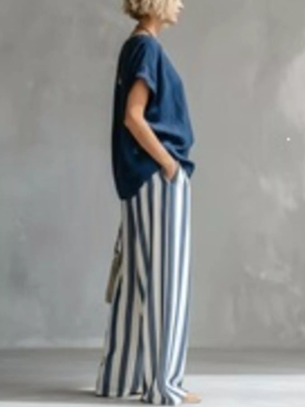 Navy short sleeve top and wide-leg pants set — side view