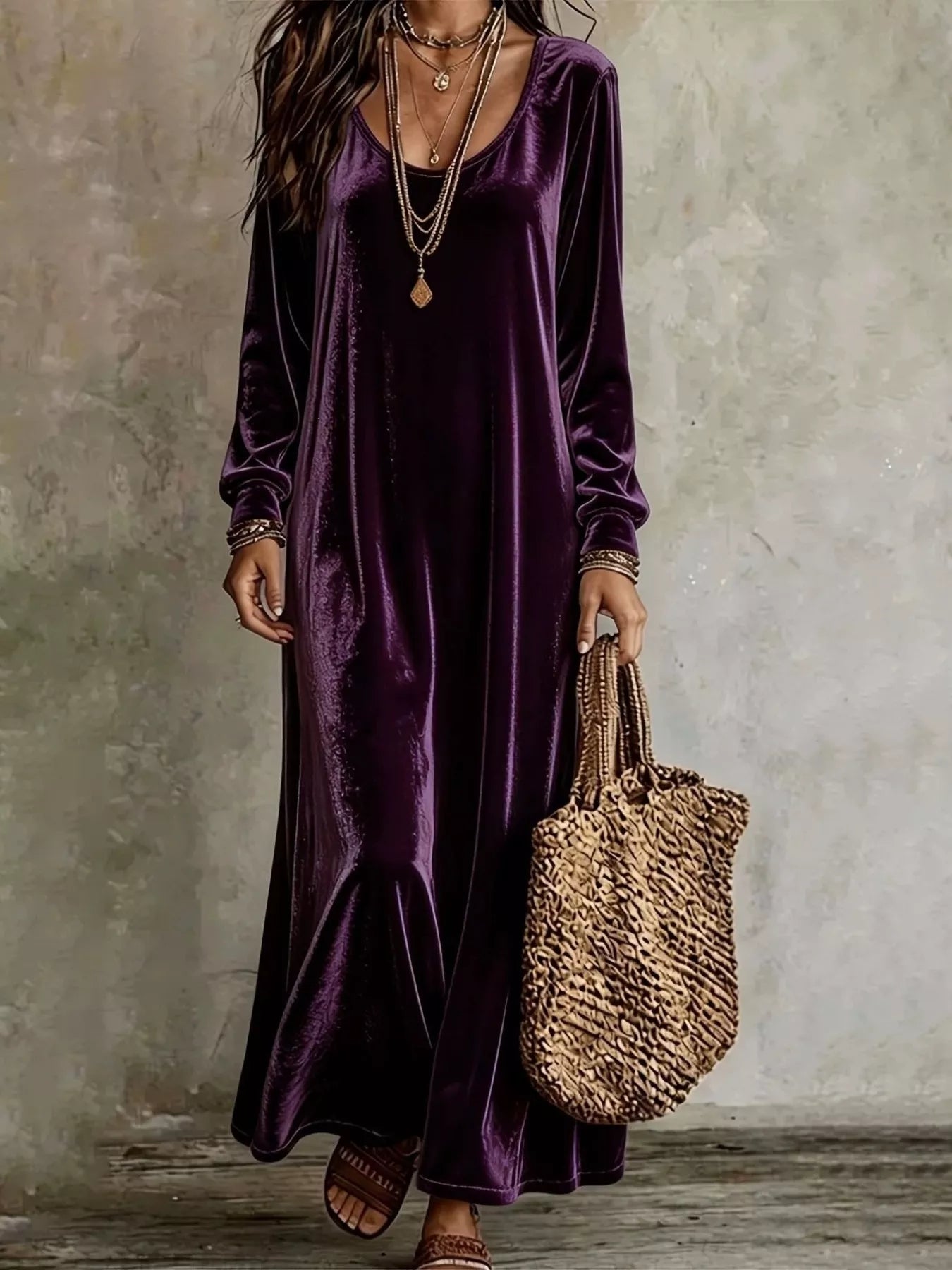 Trendsi Velvet Maxi Dress with Flowy Hem -