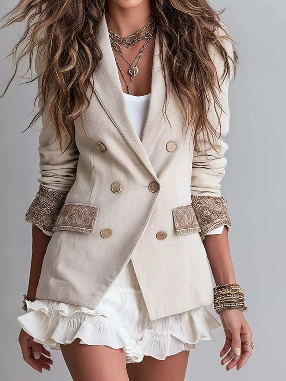 Double-Breasted Lapel Collar Blazer in beige, front view