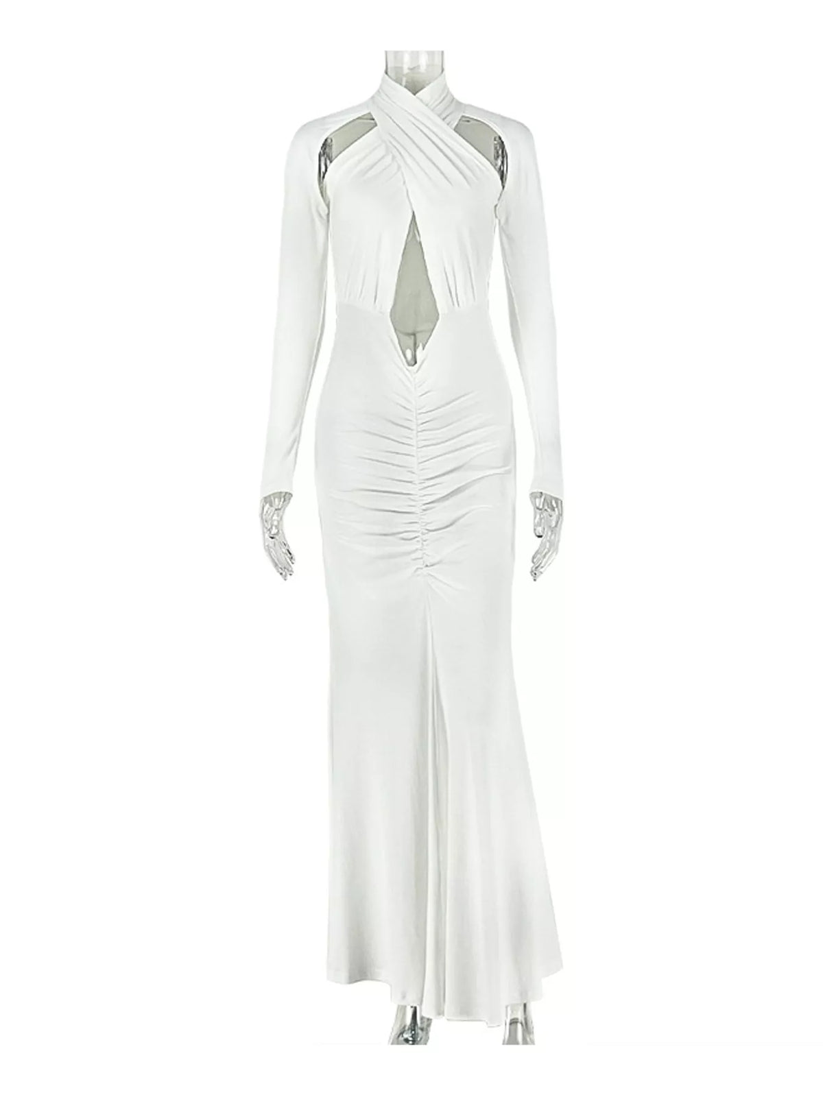 White long sleeve cutout ruched maxi dress, front view