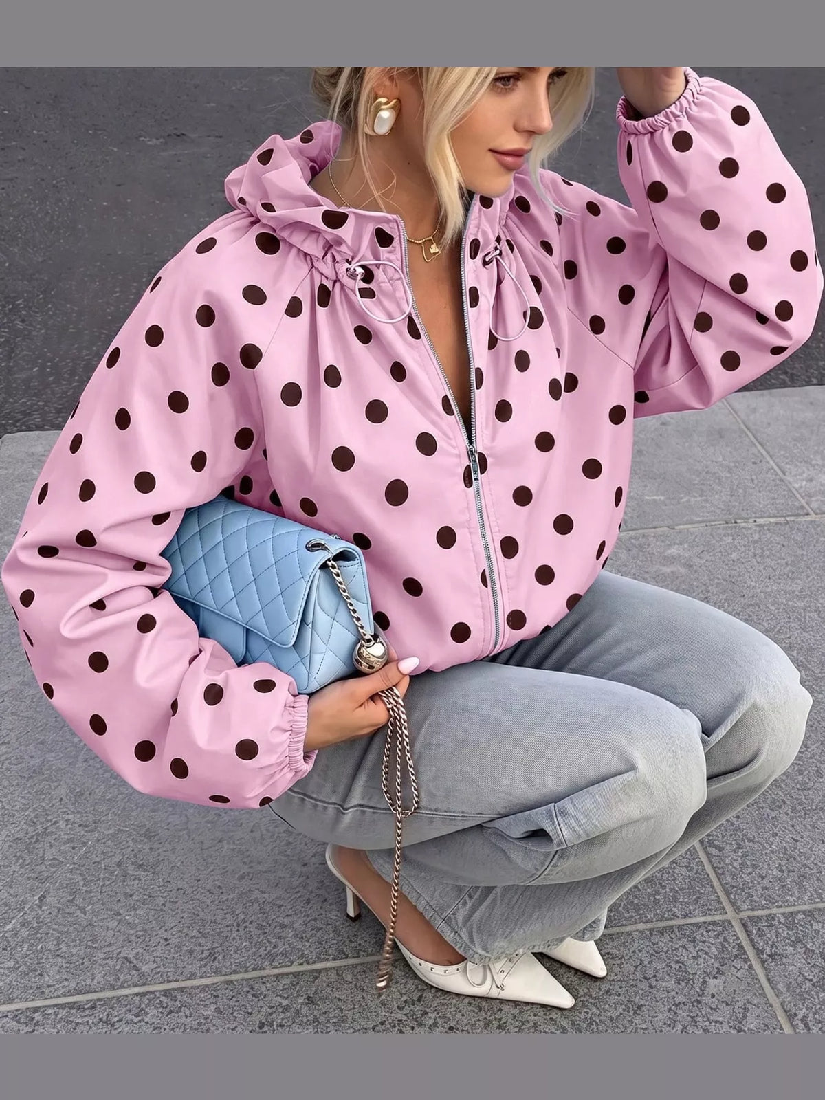Polka Dot Drawstring Zip-Up Jacket — front view