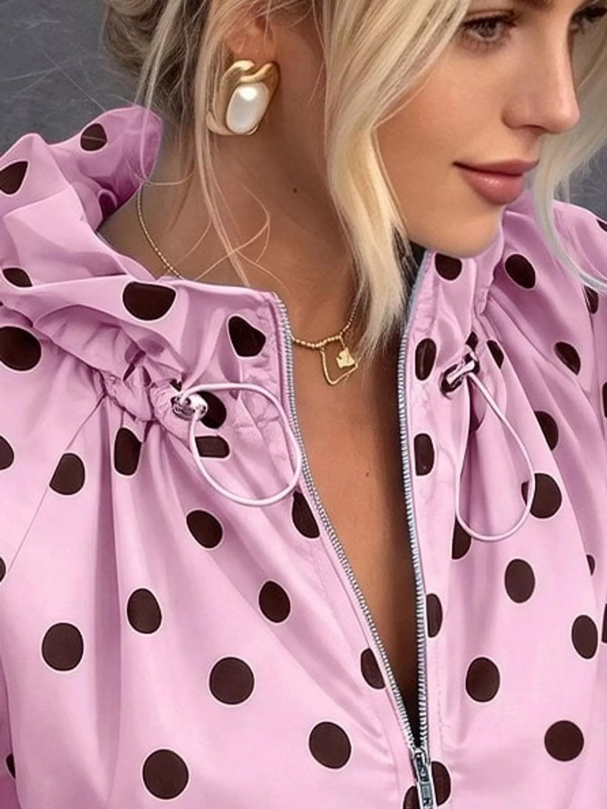 Polka Dot Drawstring Zip-Up Jacket — garment construction details