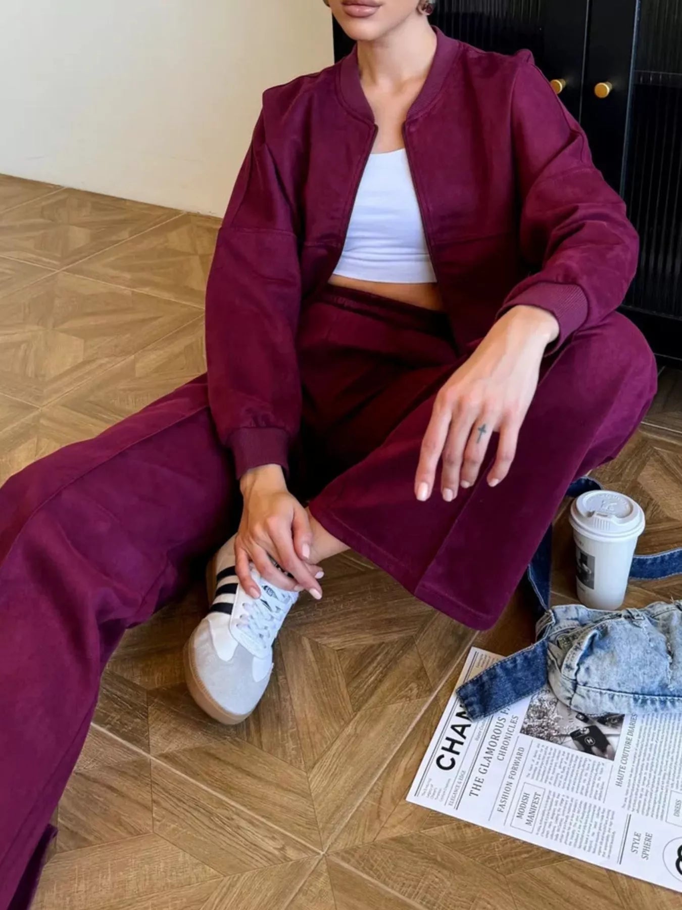 Trendsi Zip Up Sweatshirt and Wide-Leg Pants Set -