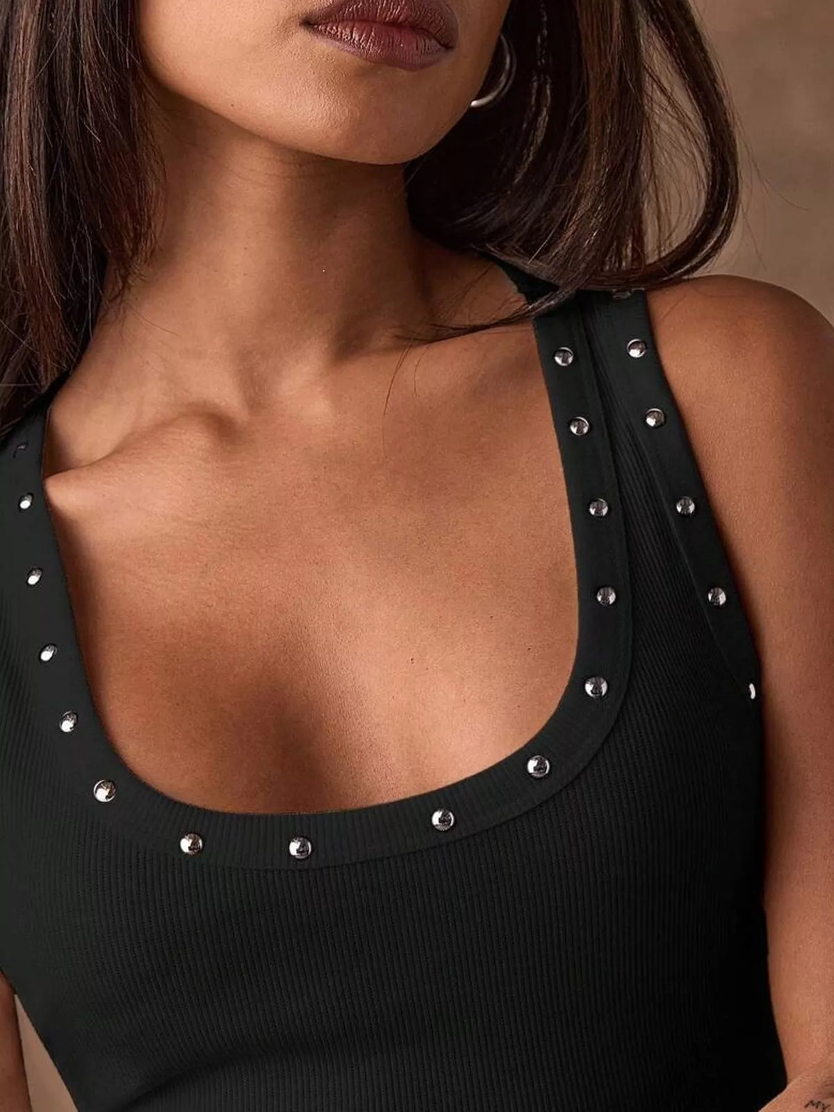 Women's Studded Ribbed Knit Tank Top in black — neckline detail view