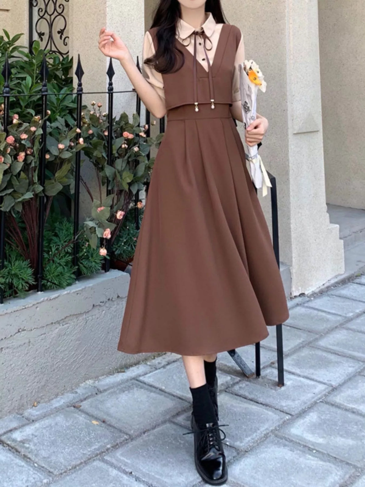 Women's Contrast Short Sleeve Pleated Midi Dress in brown — front view