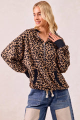 Trendsi BiBi Leopard Print Waffle Half Zip Up Hoodie W Pocket -