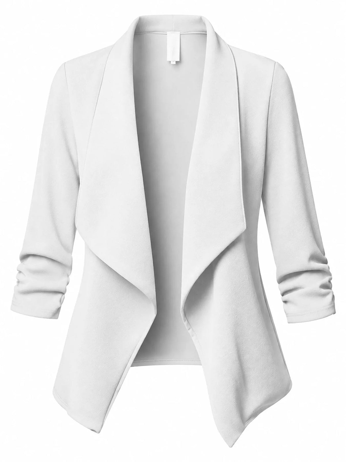 White open-front blazer with ruched 3/4 sleeves