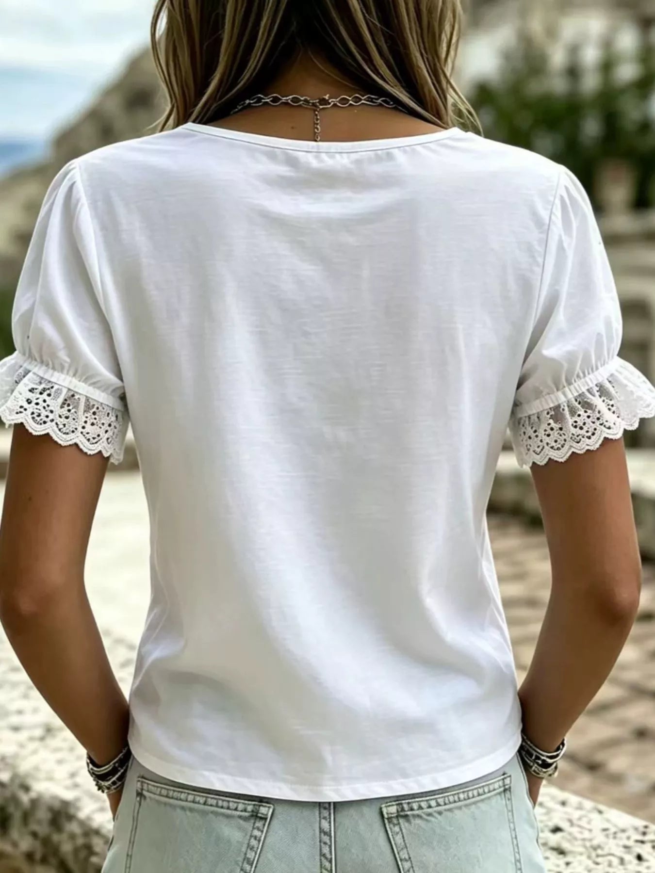 Trendsi Plus Size Daisy Lace Detail Puff Sleeve T-Shirt -