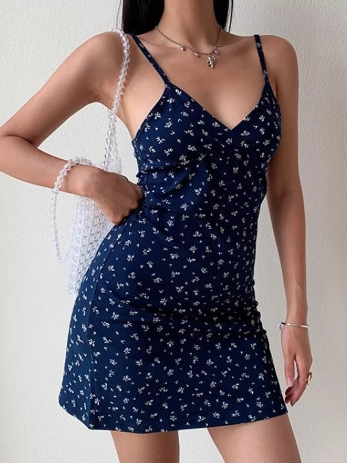 Women's Spaghetti Strap Mini Dress in navy — front view
