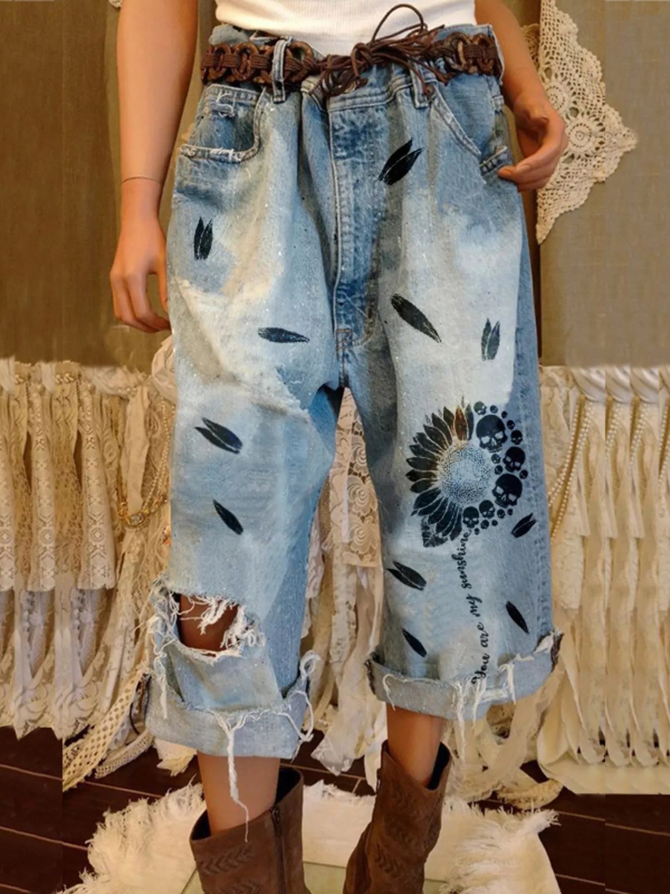 Trendsi Full Size Distressed Skull Print Jeans Plus Size -