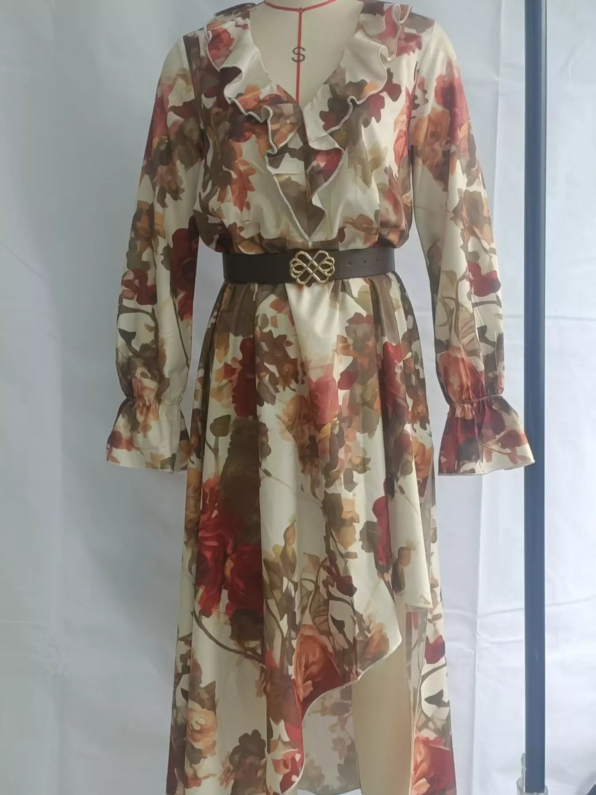 Women's Floral Print Ruffle Trim High-Low Chiffon Maxi Dress in Floral, side view