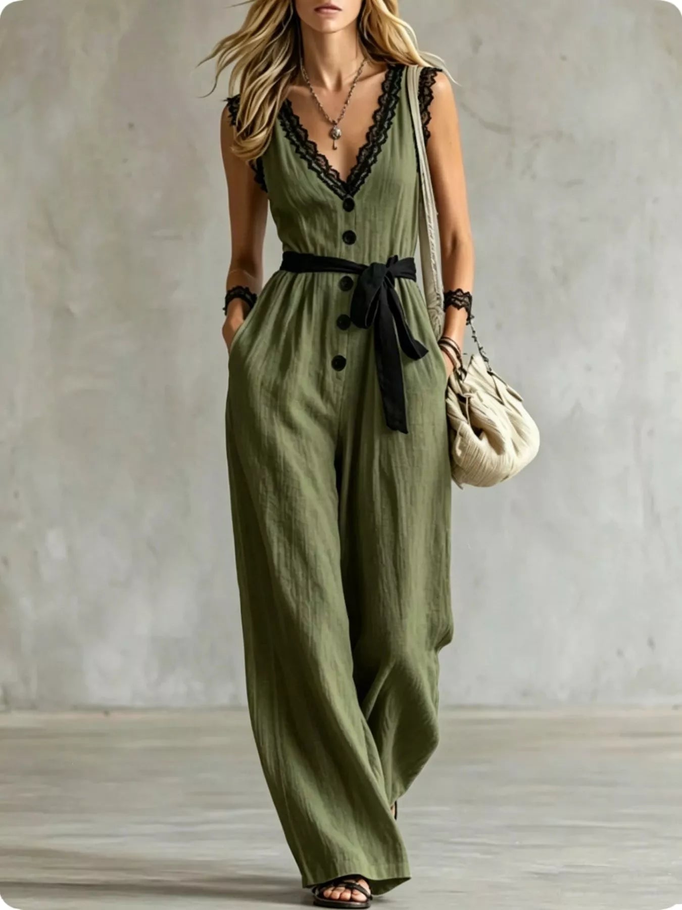 Trendsi Lace Detail V-Neck Sleeveless Jumpsuit -
