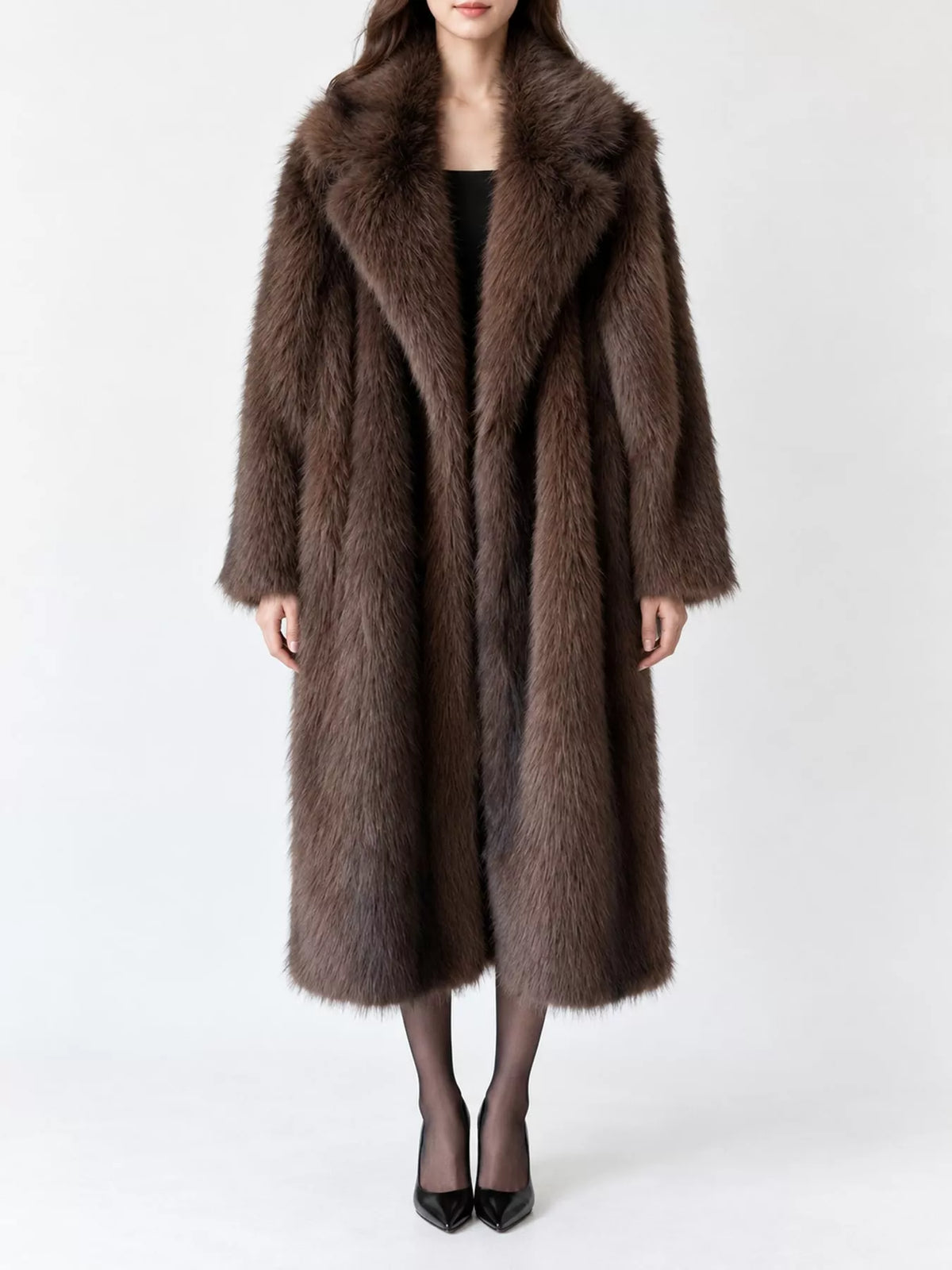 Faux Fur Longline Coat in chocolate