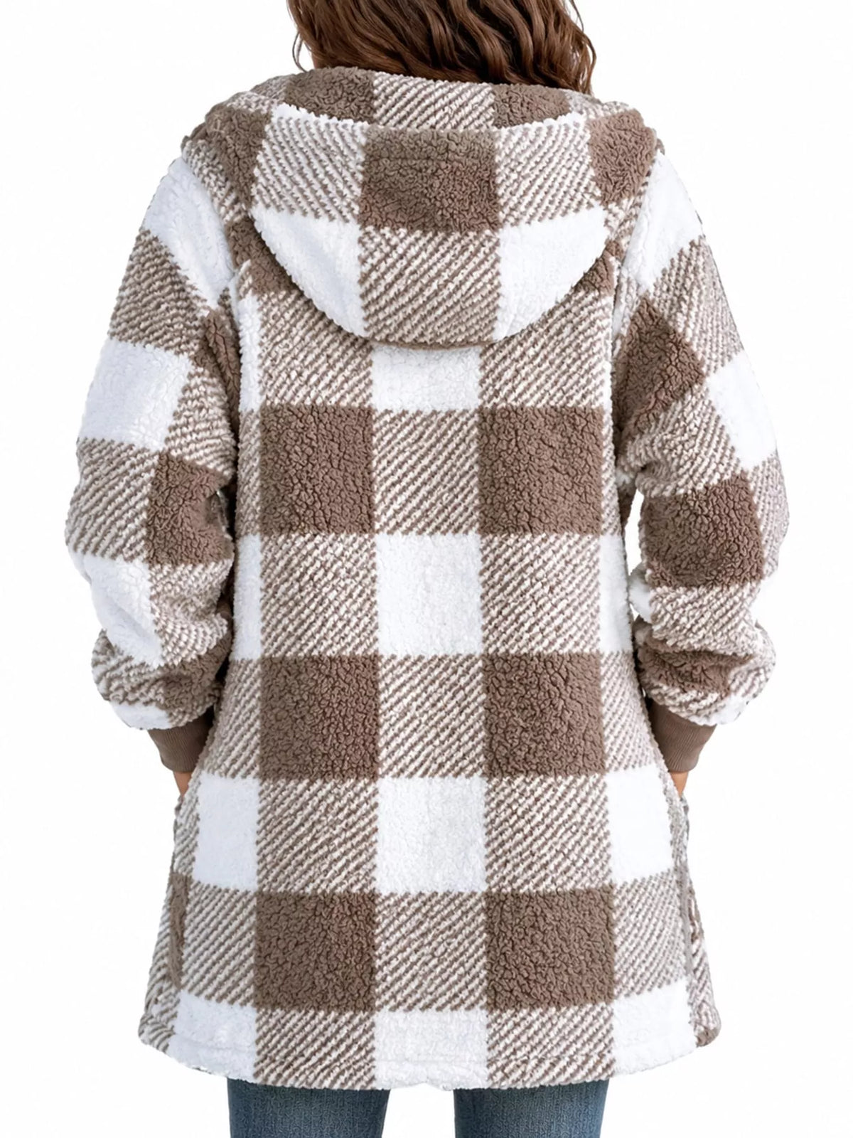 Brown and white plaid sherpa hooded zip up jacket, back view