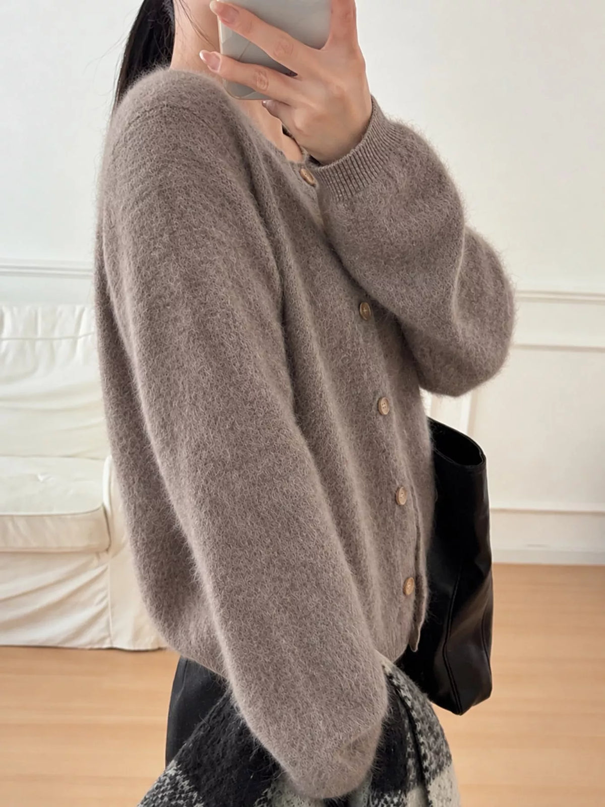 Coffee fuzzy button up cropped cardigan
