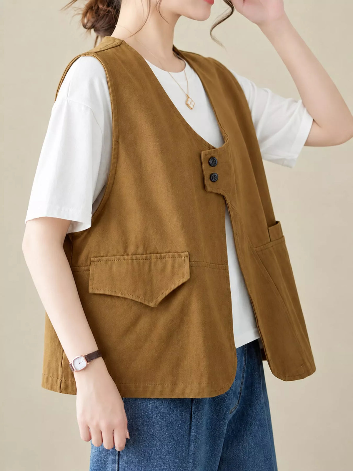 Asymmetric Button Closure Utility Vest Coat in tan