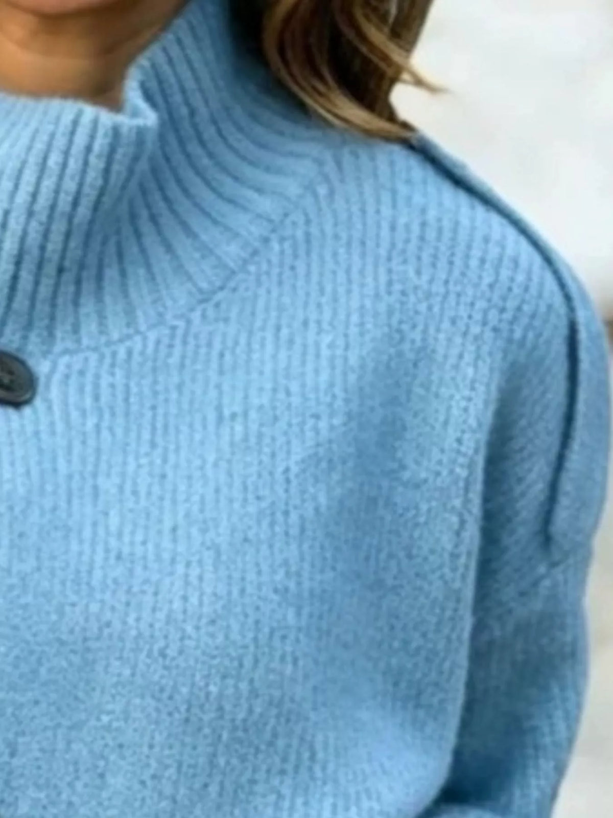 Button-Up Mock Neck Cardigan in blue, neckline detail