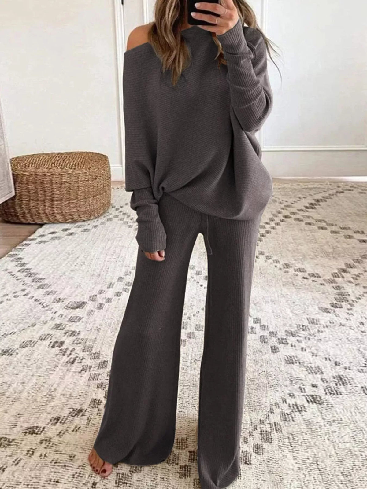 Asymmetric neck long sleeve outfit set, front view on model