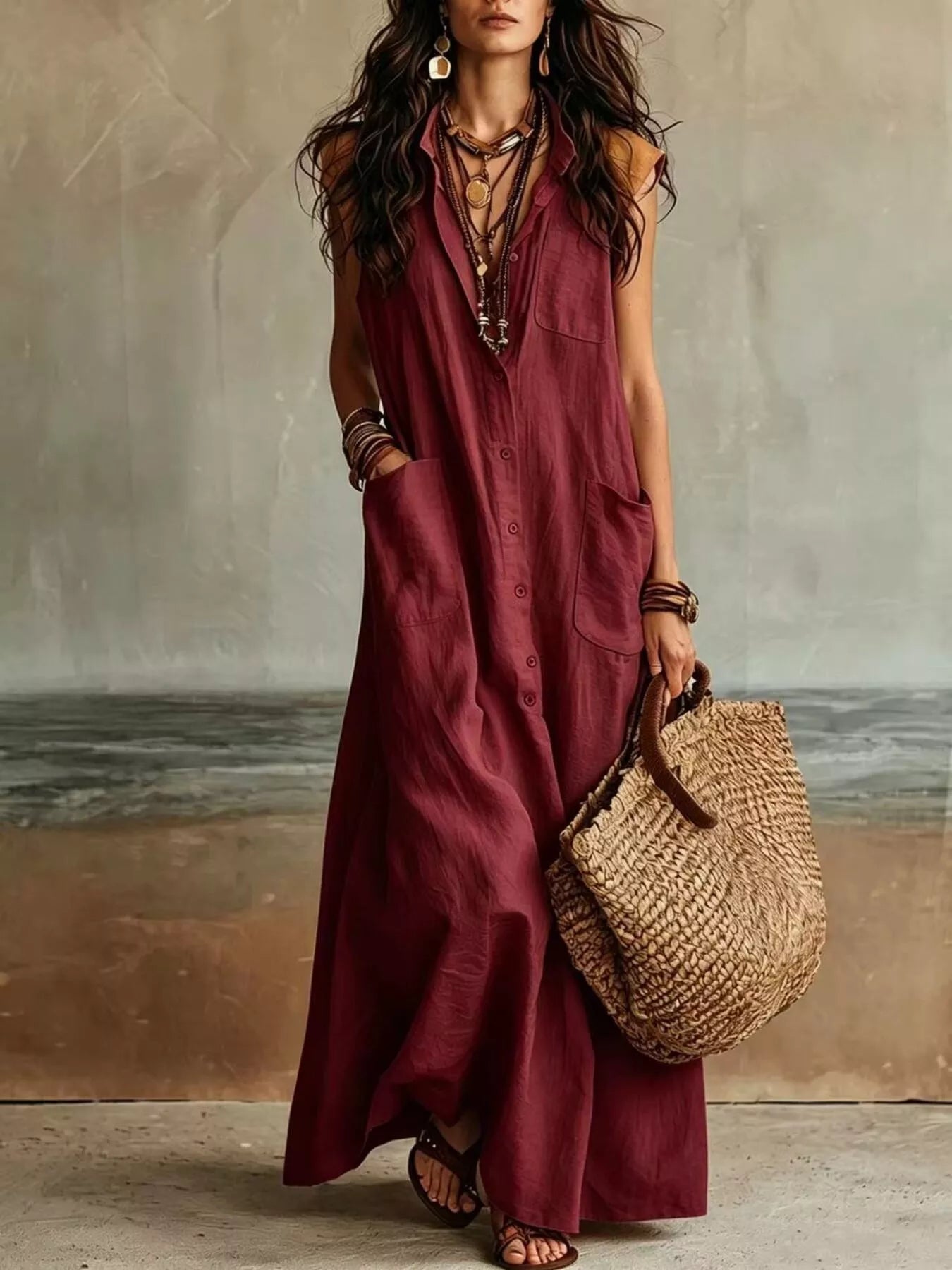 Trendsi Sleeveless Button-Down Linen Maxi Dress -