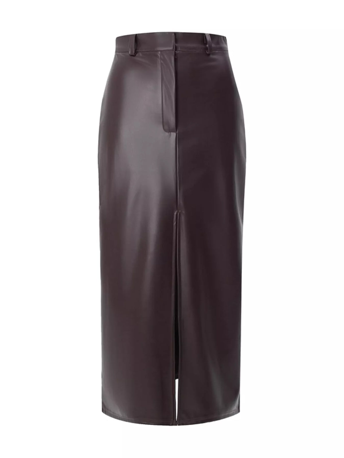 High-Waisted Faux Leather Maxi Skirt with Front Slit — garment front