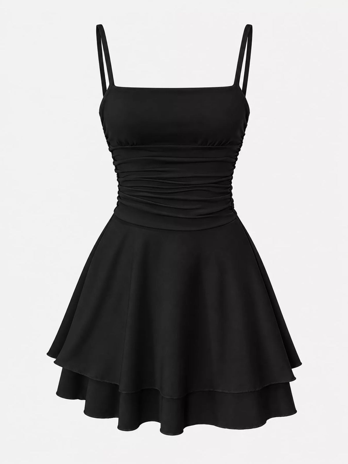 Black ruched spaghetti strap layered mini dress, front product view