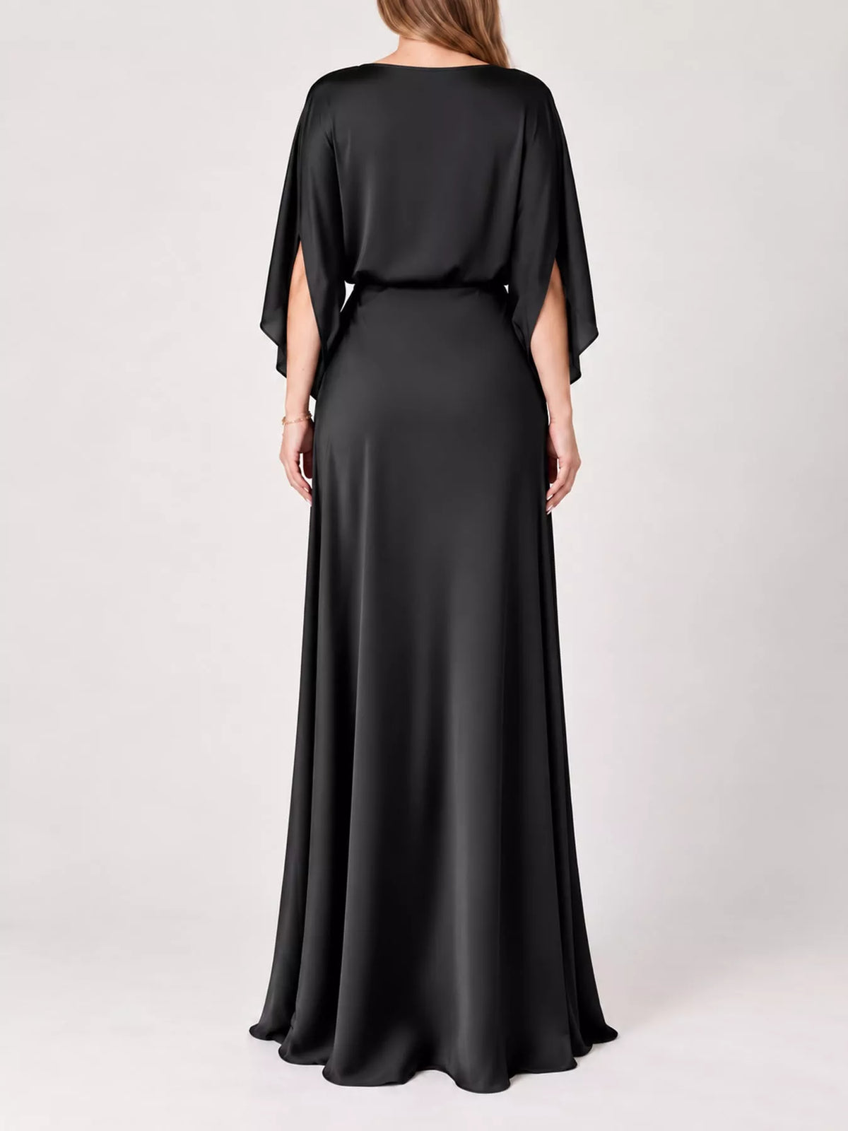 Black satin cape sleeve maxi dress, back view