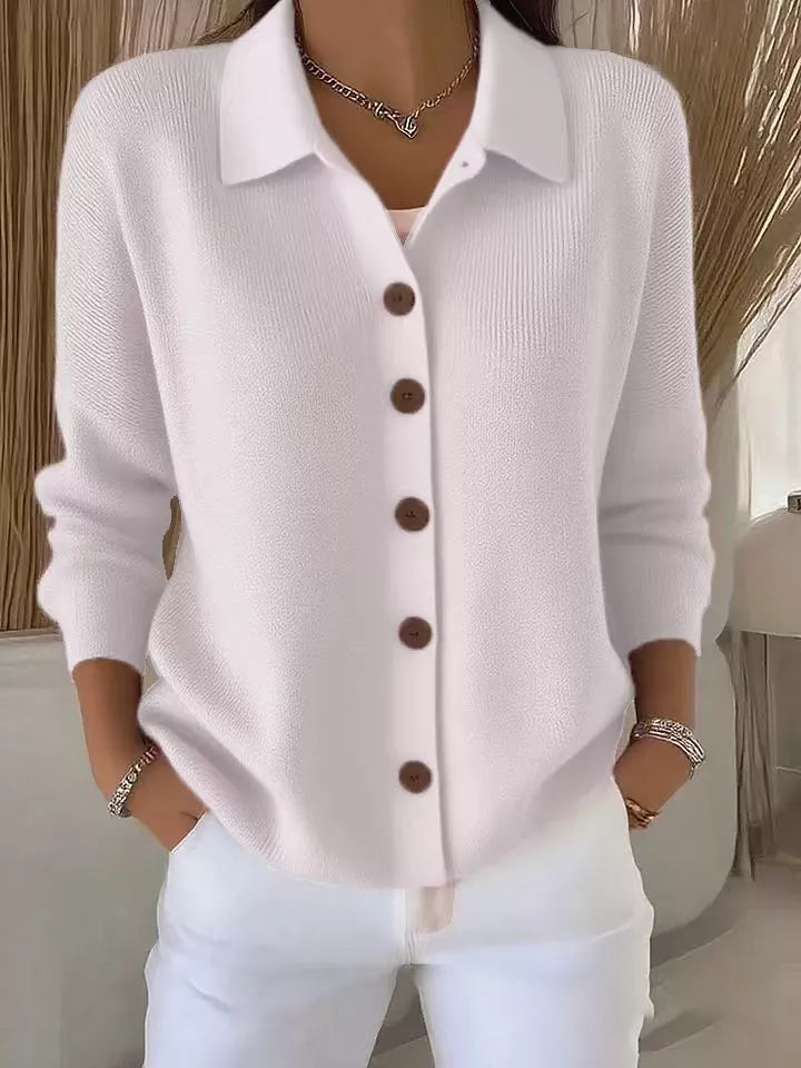 White collared button-down knit cardigan