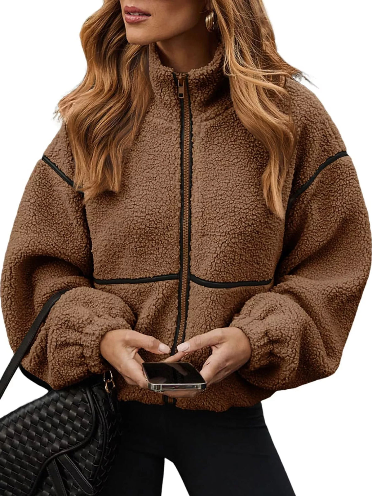 Stand Collar Sherpa Fleece Zip-Up Jacket — front view