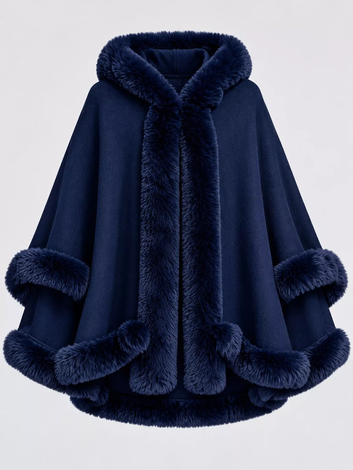 Faux-fur-trim cape, navy flat lay