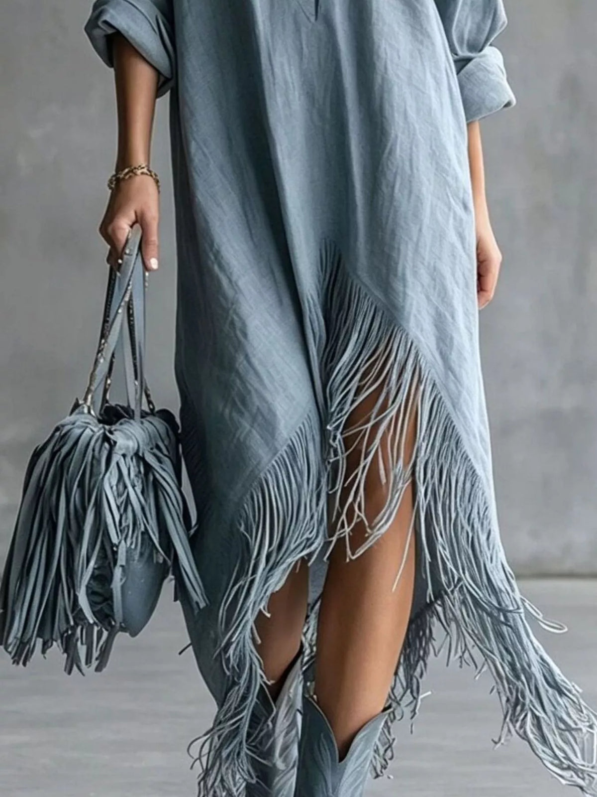 Zipper-Front Fringe Hem Midi Dress in blue, fringed hem detail