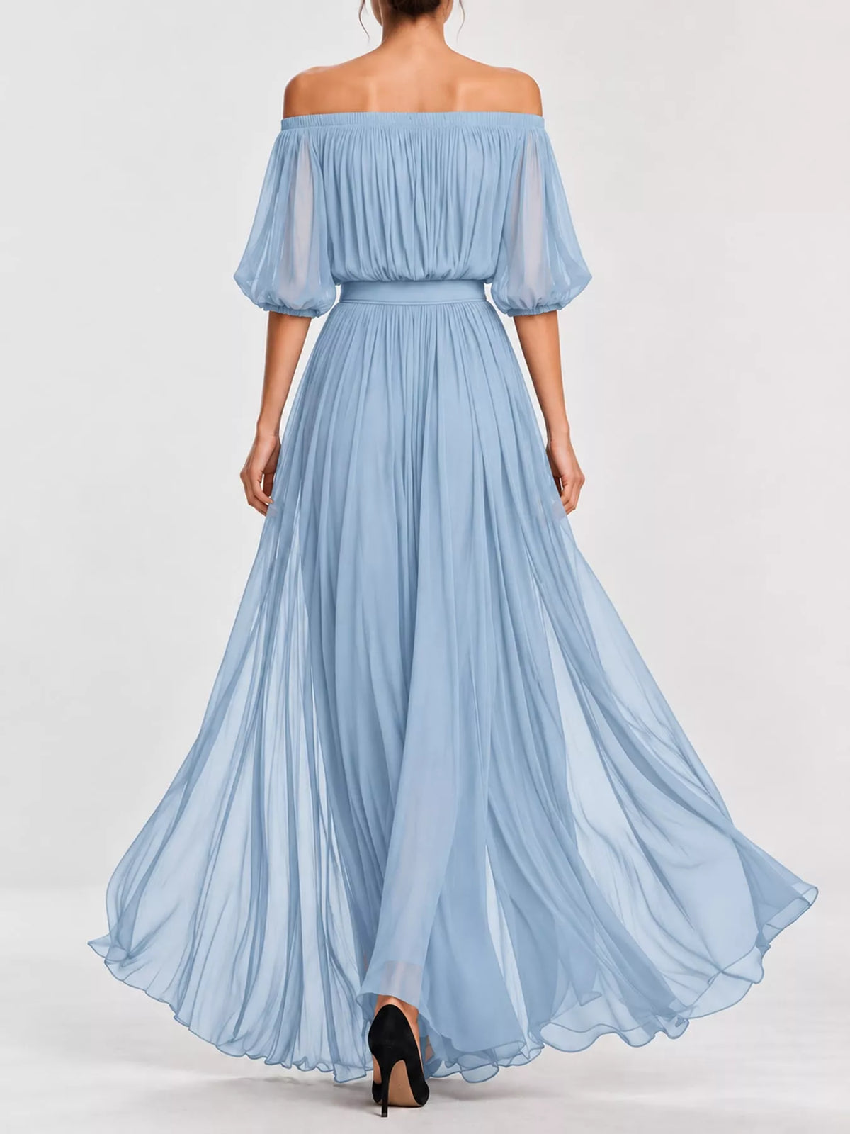 Light blue off shoulder ruched chiffon maxi dress, back view