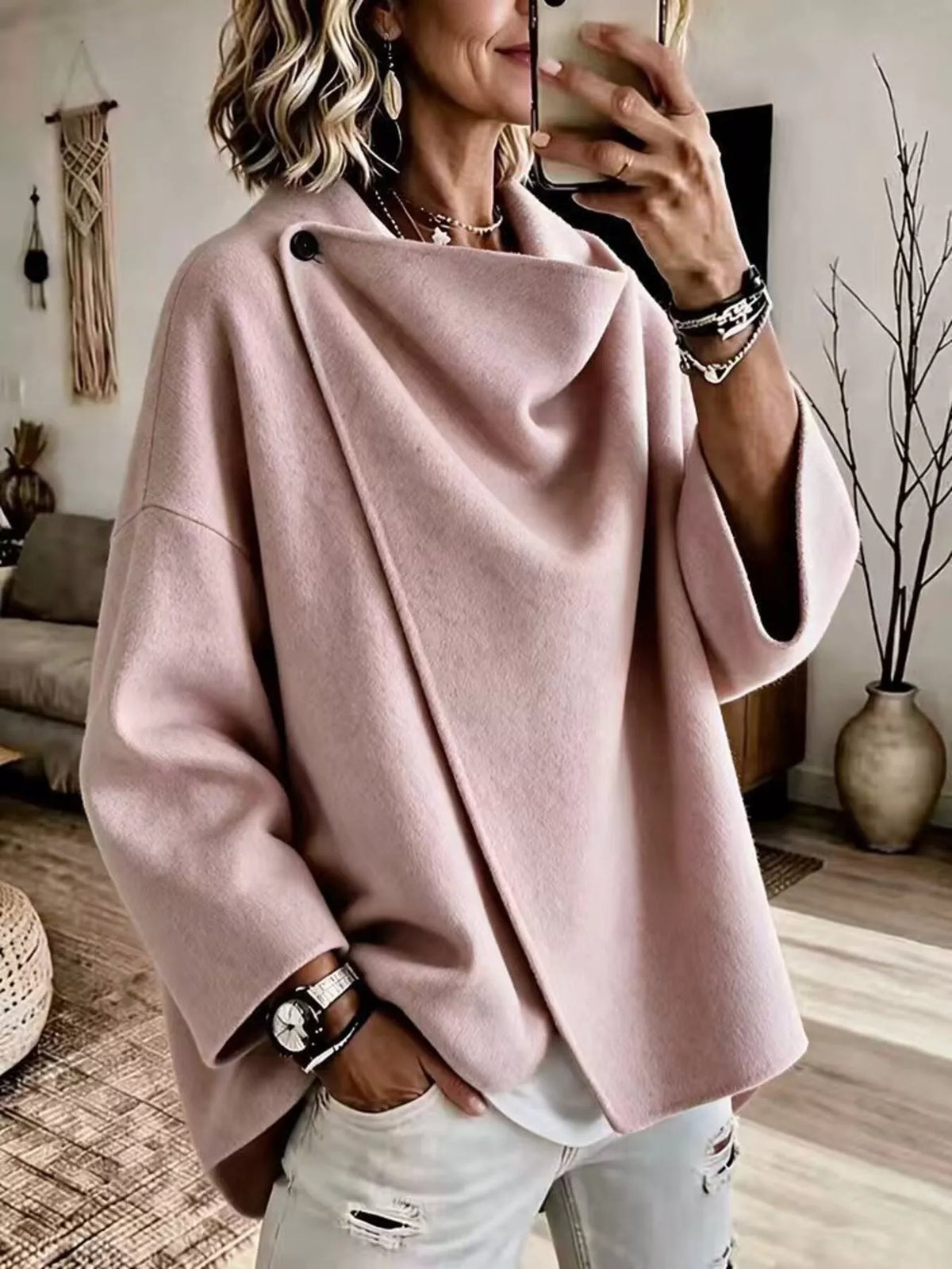 Women's Asymmetric Collar Button Detail Jacket in pink — front view