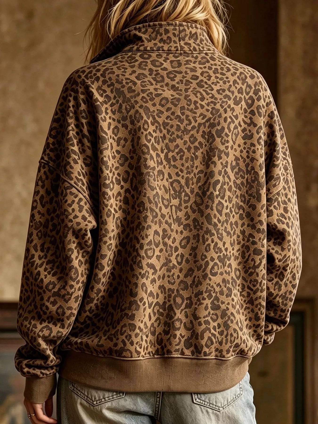 Trendsi Leopard Half Zip Oversized Sweatshirt -