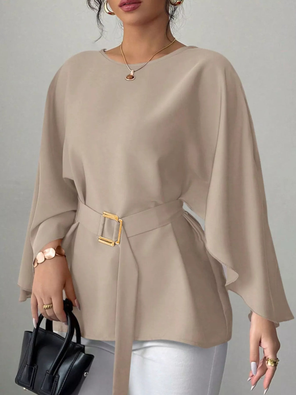 Round-neck belt batwing-sleeve blouse