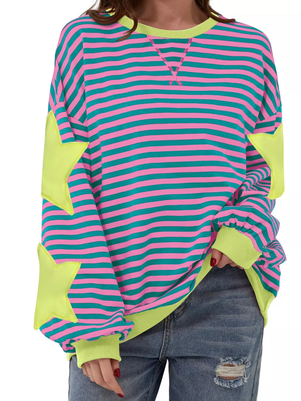 Pink Star-Patch Striped Oversized Sweatshirt front view