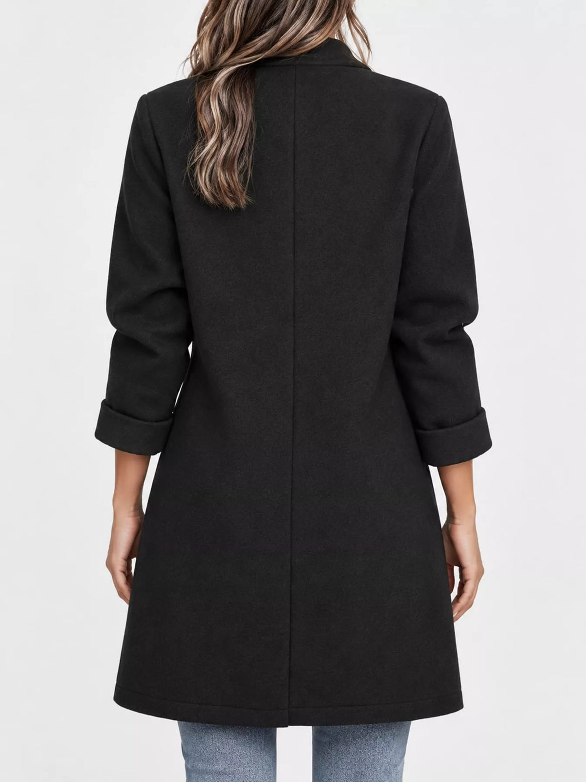 Black lapel collar button-up coat, back view